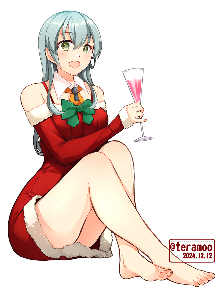 1girl aqua_eyes aqua_hair arm_warmers ascot bare_legs bare_shoulders blush breasts christmas christmas_tree_hair_ornament cup dated detached_collar detached_sleeves dress drinking_glass fur-trimmed_dress fur-trimmed_sleeves fur_trim hair_ornament hairclip kantai_collection large_breasts long_hair looking_at_viewer open_mouth orange_ascot red_dress santa_costume santa_dress sitting smile strapless strapless_dress suzuya_(christmas)_(kancolle) suzuya_(kancolle) teramoto_kaoru twitter_username white_background