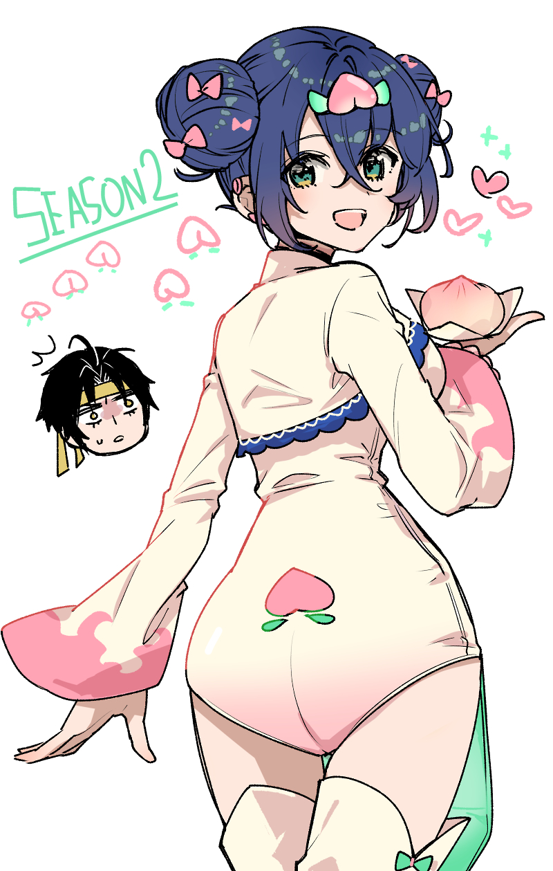 1boy 1girl :d ahoge alternate_costume asaba_harumasa ass belle_(zenless_zone_zero) black_hair blue_hair boots bow commentary_request crossed_bangs curtained_hair double_bun english_text food food-themed_hair_ornament food_print from_behind fruit fruit_print gradient_clothes green_eyes hair_between_eyes hair_bow hair_bun hair_ornament hand_up headband highres holding holding_food holding_fruit in_palm leotard long_sleeves looking_at_viewer looking_back multicolored_eyes multiple_hair_bows open_mouth peach peach_hair_ornament peach_print pink_bow piyo_starrail short_hair shrug_(clothing) simple_background smile solo_focus thigh_boots thighs turning_head turtleneck twitching two-tone_eyes very_short_hair white_background white_boots white_leotard white_shrug wide_sleeves yellow_eyes yellow_headband zenless_zone_zero