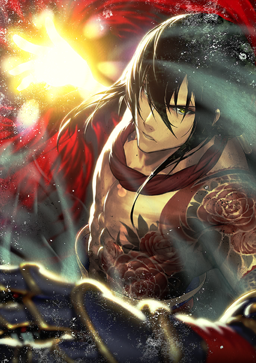 1boy abs arm_at_side black_hair dynamic_pose fate/grand_order fate_(series) flower_tattoo gauntlets glowing_fist hair_between_eyes hair_tubes hand_up incoming_attack incoming_punch looking_at_viewer low_ponytail male_focus official_art parted_lips pectorals ponytail punching shima_udon sidelocks single_hair_tube solo tattoo third-party_source toned toned_male topless_male upper_body white_background yan_qing_(fate)