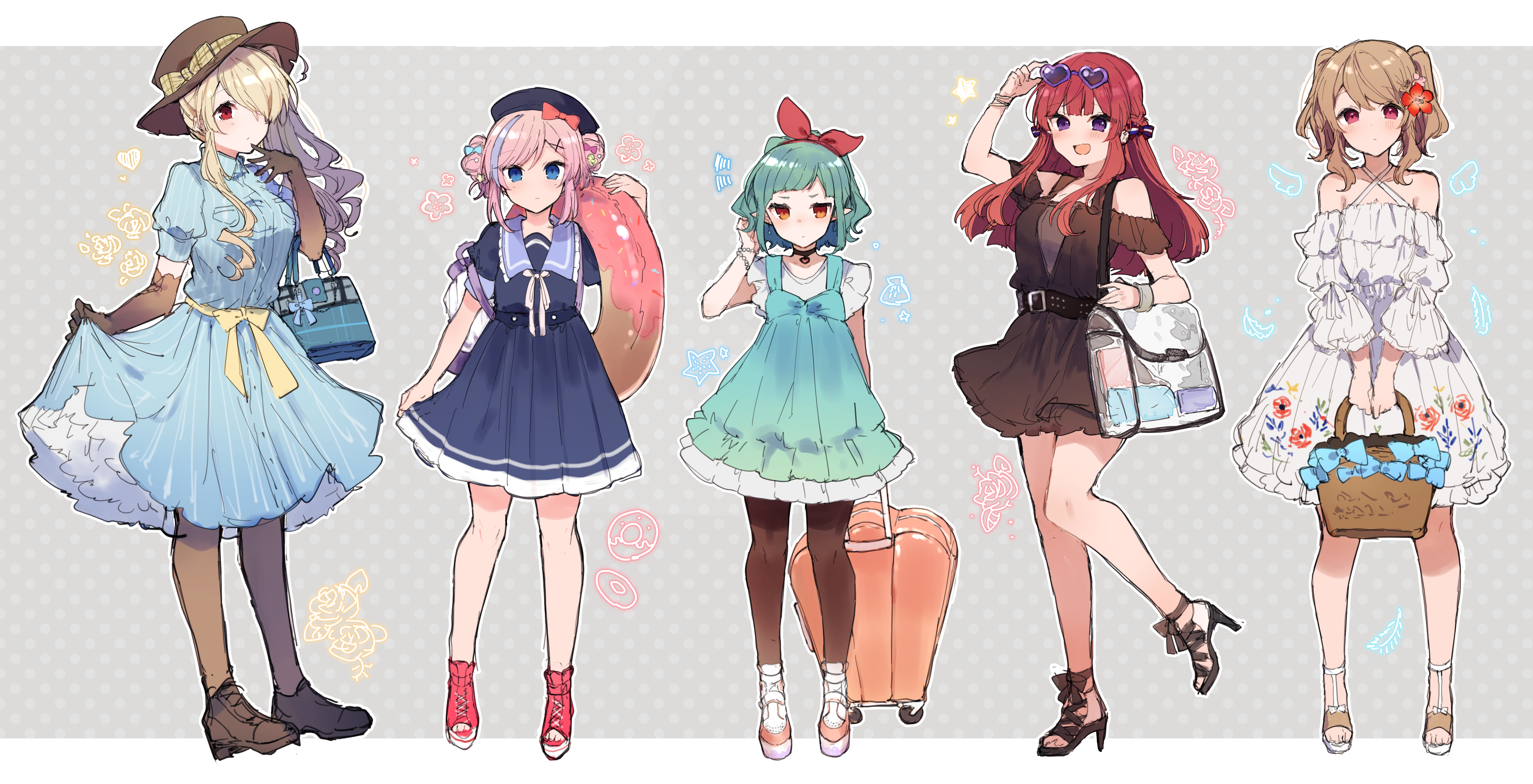 5girls :d absurdres anna_(ikeuchi_tanuma) bag bare_shoulders belt black_choker blue_bow blue_dress blush bow bow_hairband bracelet brown_dress brown_footwear brown_gloves brown_hair brown_headwear choker closed_mouth commentary_request criss-cross_halter dot_nose double_bun dress edel_(ikeuchi_tanuma) elbow_carry elbow_gloves embarrassed eyewear_on_head floral_print flower gloves green_dress green_hair hair_bun hair_flower hair_ornament hair_over_one_eye hairband hairclip halterneck hand_up handbag hat hat_bow heart heart-shaped_eyewear heart_choker high_heels highres holding ikeuchi_tanuma innertube jewelry light_brown_hair long_dress looking_at_viewer multicolored_hair multiple_girls no_nose one_eye_covered one_side_up open_mouth original pantyhose petticoat pink_eyes pink_hair pointy_ears purple-framed_eyewear purple_eyes red_bow red_eyes red_flower red_footwear red_hair red_hairband rije_(ikeuchi_tanuma) rolling_suitcase rosette_(ikeuchi_tanuma) sailor_dress sailor_hat sandals shoes short_dress short_sleeves shoulder_bag simple_background skirt_hold smile standing standing_on_one_leg streaked_hair suitcase sunglasses swim_ring tino_(ikeuchi_tanuma) twintails twitter_username v_arms white_background white_dress x_hair_ornament yellow_bow