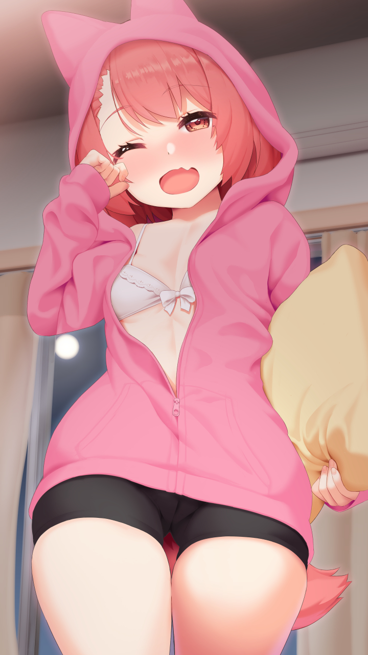 1girl animal_ears black_shorts bow bra cowboy_shot dog_tail fake_animal_ears fang highres holding holding_pillow hood hood_up hooded_jacket indoors jacket long_sleeves looking_at_viewer medium_hair one_eye_closed open_clothes open_jacket open_mouth orange_eyes orange_hair original pillow pink_jacket short_shorts shorts skin_fang sleeves_past_wrists solo standing tachimi_(basue) tail underwear white_bow white_bra zipper