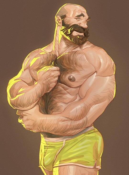 1boy arm_hair bara beard big_nose body_hair boxer_briefs bulge chest_hair connected_beard facial_hair leg_hair male_focus male_underwear mature_male muscular muscular_male mustache nesskain nipples original shaved_head short_hair simple_background underwear underwear_only very_short_hair yellow_male_underwear