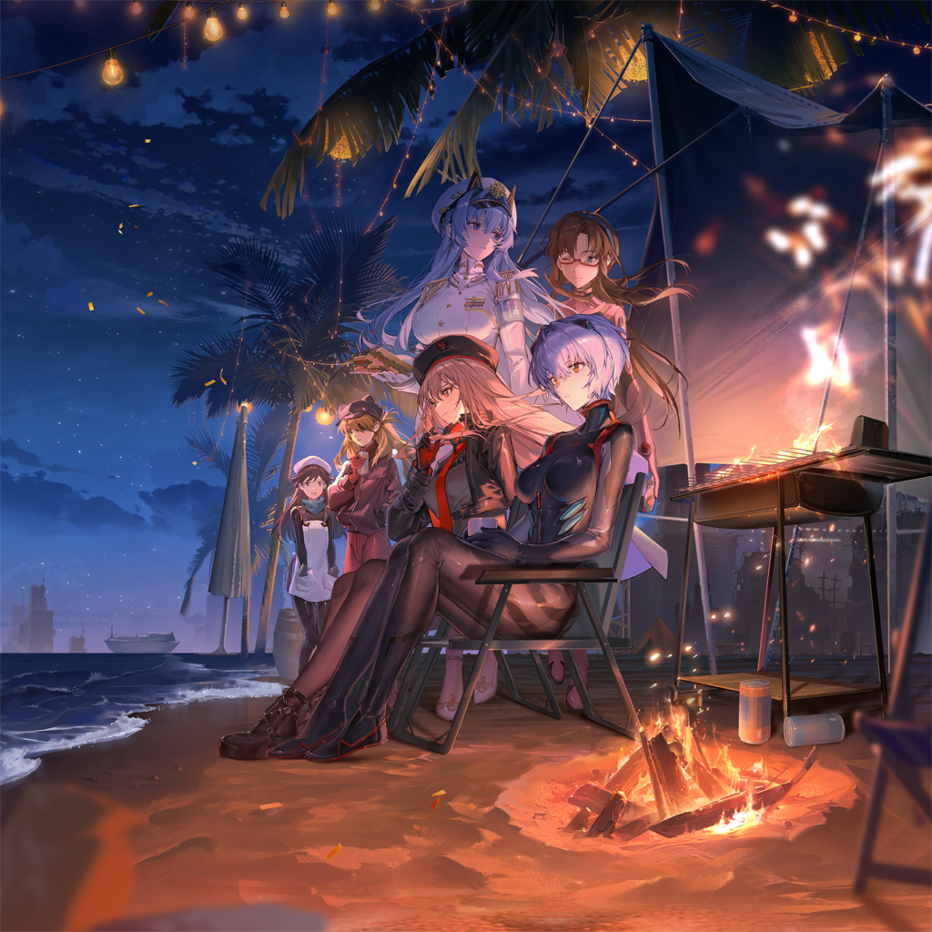 ayanami_rei beach blue_hair breasts brown_hair campfire chair crossover fire game_cg goddess_of_victory:_nikke grill bad_tag hair_ornament hat helm_(nikke) long_hair makinami_mari_illustrious mecha_pilot_suit neon_genesis_evangelion night night_sky official_art palm_tree peaked_cap plugsuit_(evangelion) rapi_(nikke) rebuild_of_evangelion sand sitting sky souryuu_asuka_langley star_(sky) suzuhara_sakura thighhighs tree
