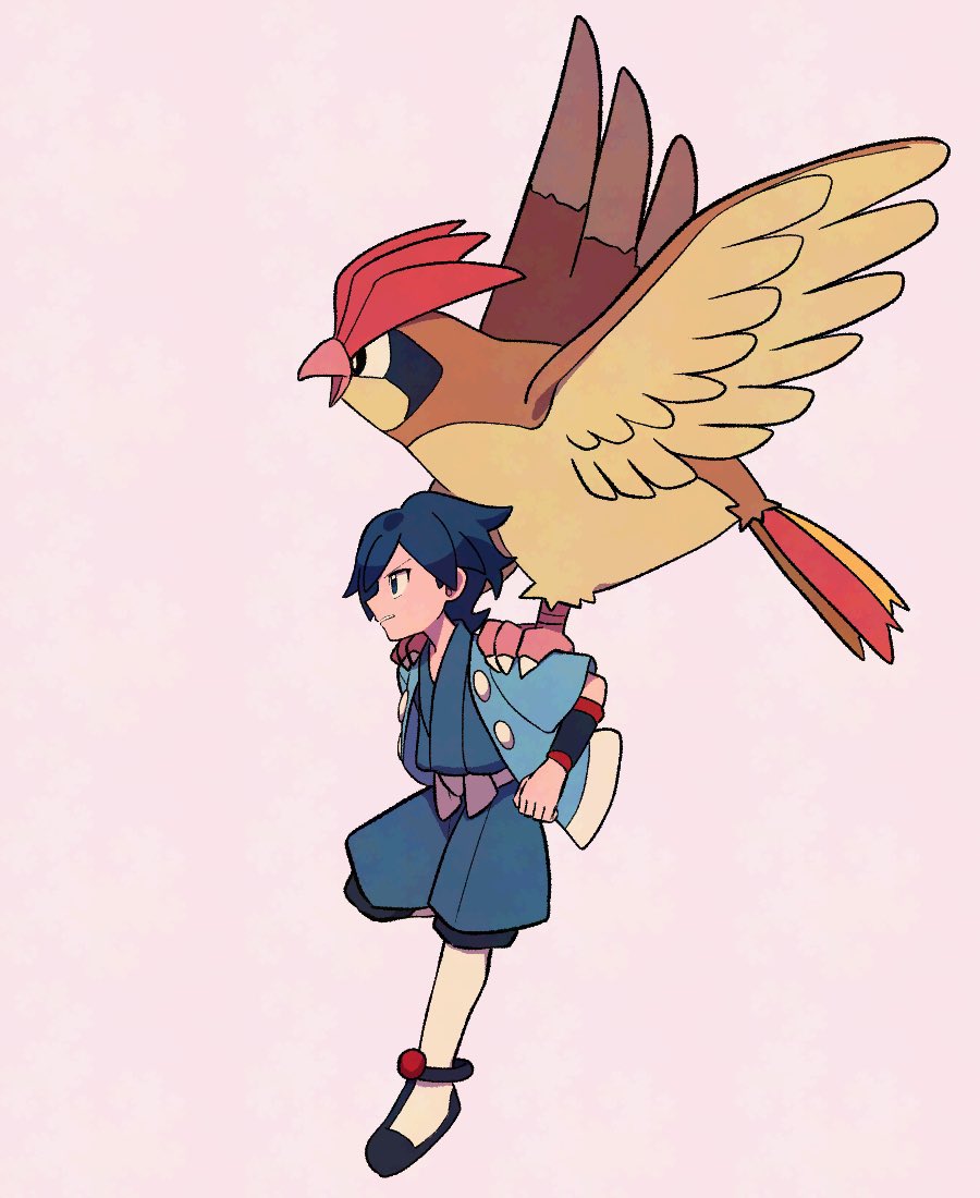 1boy 1girl bird black_shoes blue_eyes blue_hair blue_jacket clenched_hand falkner_(pokemon) flying from_side gen_1_pokemon jacket japanese_clothes kimono leg_up male_focus medium_hair nintendo open_clothes open_jacket parted_lips pidgeot pokemon pokemon_(creature) pokemon_hgss sash shoes simple_background socks tyako_089 white_sash white_socks wristband