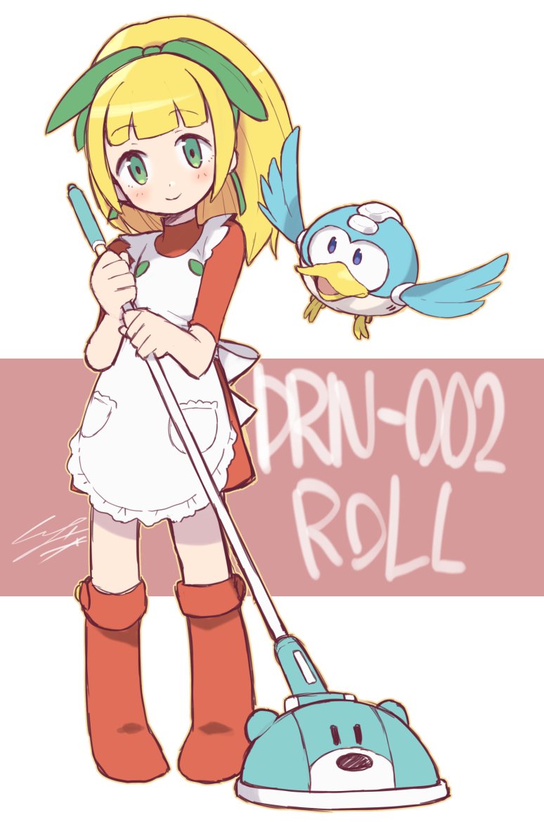 1girl android apron beat_(mega_man) blonde_hair blush boots bow character_name green_bow green_eyes hair_bow io_naomichi ponytail robot mega_man_(series) mega_man_(classic) roll_(mega_man) smile standing vacuum_cleaner