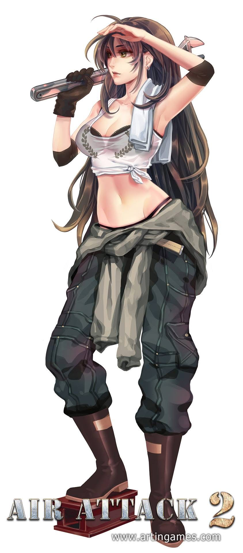 airattack_2 artist_request boots bra breasts brown_hair copyright_name copyright_request earrings green_eyes highres holding holding_wrench jacket jewelry large_breasts logo mechanic pants tank_top underwear wrench