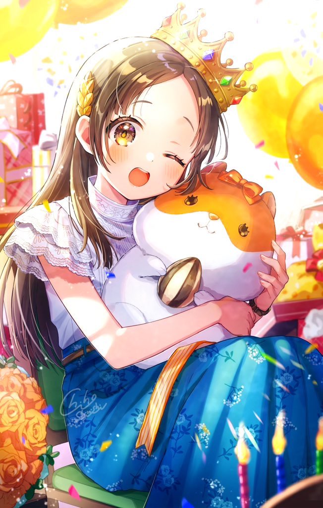 1girl bag balloon belt birthday blue_skirt blush bouquet bow box brown_eyes brown_hair candle chair commentary_request confetti crown dot_nose eyelashes fingernails floral_print floral_print_dress flower frilled_shirt frills gakuen_idolmaster gift gift_bag gift_box head_tilt high_collar holding holding_stuffed_toy idolmaster kuramoto_china long_hair long_skirt looking_at_viewer on_chair one_eye_closed open_mouth orange_bow orange_flower parted_bangs print_dress shinishi_chiho shirt short_sleeves sitting skirt solo straight_hair stuffed_animal stuffed_hamster stuffed_toy teeth upper_teeth_only watch white_shirt wristwatch