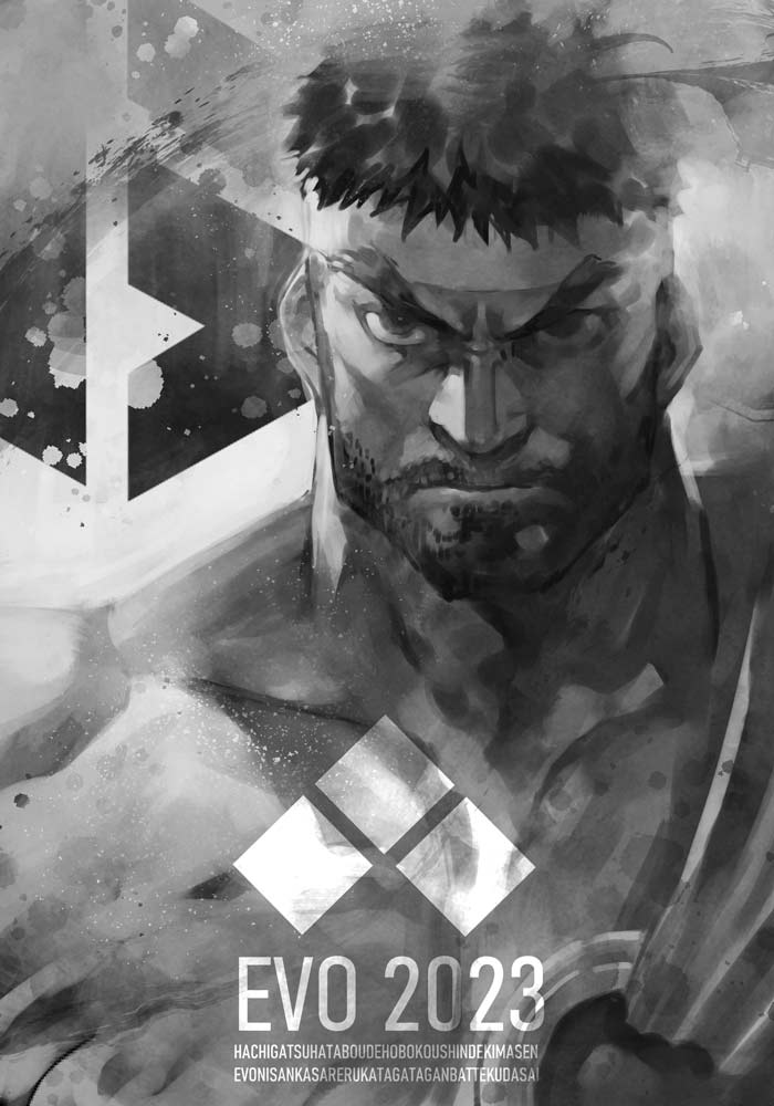 1boy beard evolution_championship_series eyebrows_visible_through_headband facial_hair headband hungry_clicker logo looking_at_viewer male_focus monochrome muscular muscular_male portrait ryu_(street_fighter) solo street_fighter street_fighter_6
