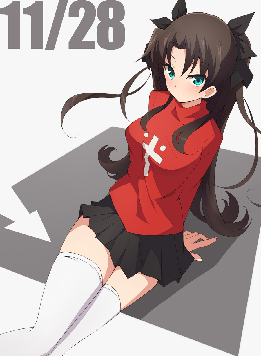 1girl arms_behind_back black_ribbon black_skirt blue_eyes blush brown_hair closed_mouth commentary_request cross dated fate/stay_night fate_(series) hair_intakes hair_ribbon highres long_hair long_sleeves looking_at_viewer miniskirt nel-c pleated_skirt red_shirt ribbon shirt sitting skirt smile solo thighhighs thighs tohsaka_rin turtleneck two_side_up white_thighhighs zettai_ryouiki