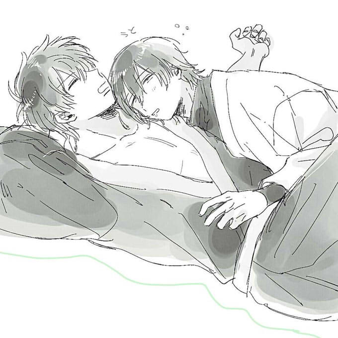 2boys closed_eyes gintama greyscale hijikata_toushirou japanese_clothes kimono male_focus monochrome multiple_boys open_clothes open_kimono se0h sleeping sleeping_on_person snoring yamazaki_sagaru yaoi