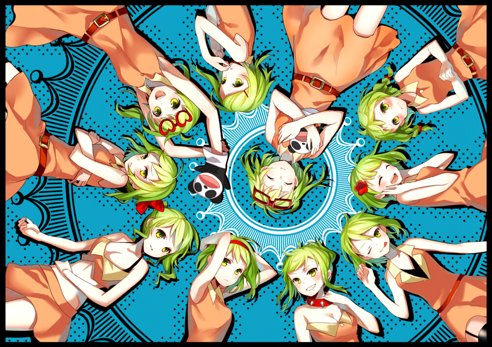 6+girls :d ;p alternate_hairstyle breasts cleavage closed_eyes glasses green_eyes green_hair gumi hairband juu_mensou_(vocaloid) multiple_girls multiple_persona one_eye_closed open_mouth panda smile tongue tongue_out vocaloid yuzuki_kihiro