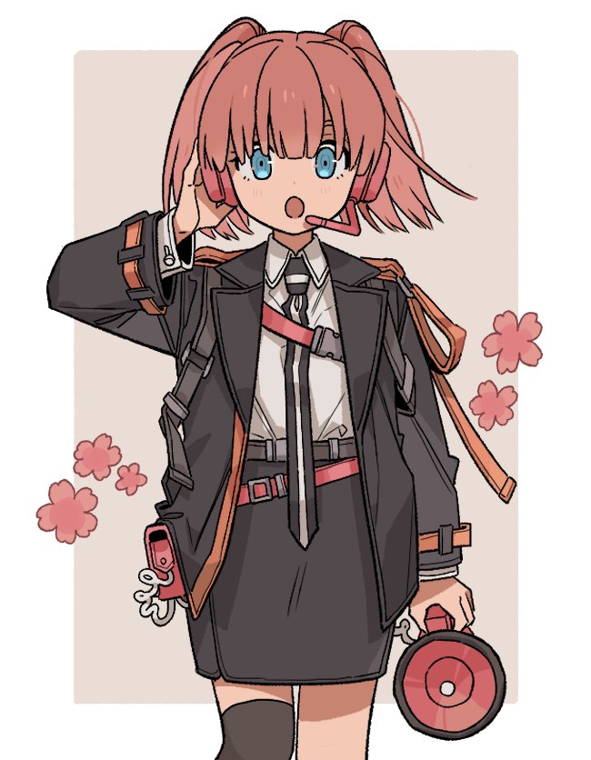 1girl :o arm_at_side belt black_jacket black_skirt blue_eyes buckle cable collared_shirt cowboy_shot flower grey_background hand_up headphones headset jacket long_sleeves looking_at_viewer megaphone miniskirt nana_0253 necktie open_mouth pencil_skirt pink_flower red_hair shirt skirt snap-fit_buckle solo taketomi_sakurako thighhighs twintails white_shirt world_trigger