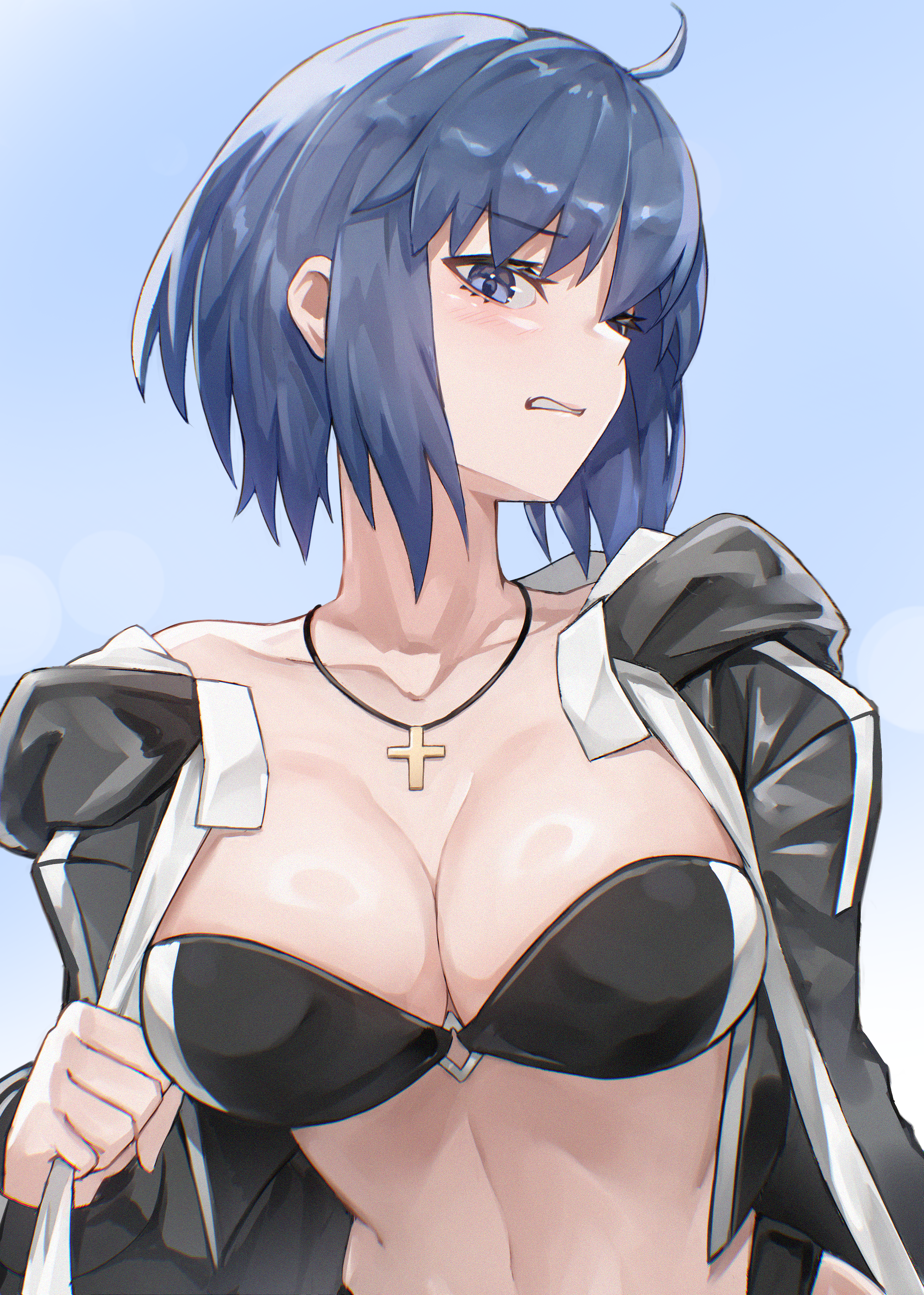 1girl absurdres annoyed bikini black_bikini blue_eyes blue_hair breasts c.i.e.l_(fate) c.i.e.l_(first_ascension)_(fate) ciel_(tsukihime) cleavage cross cross_necklace disgust highres jacket jewelry large_breasts necklace open_clothes open_jacket short_hair swimsuit tsukihime umeo_(pixiv51103813)