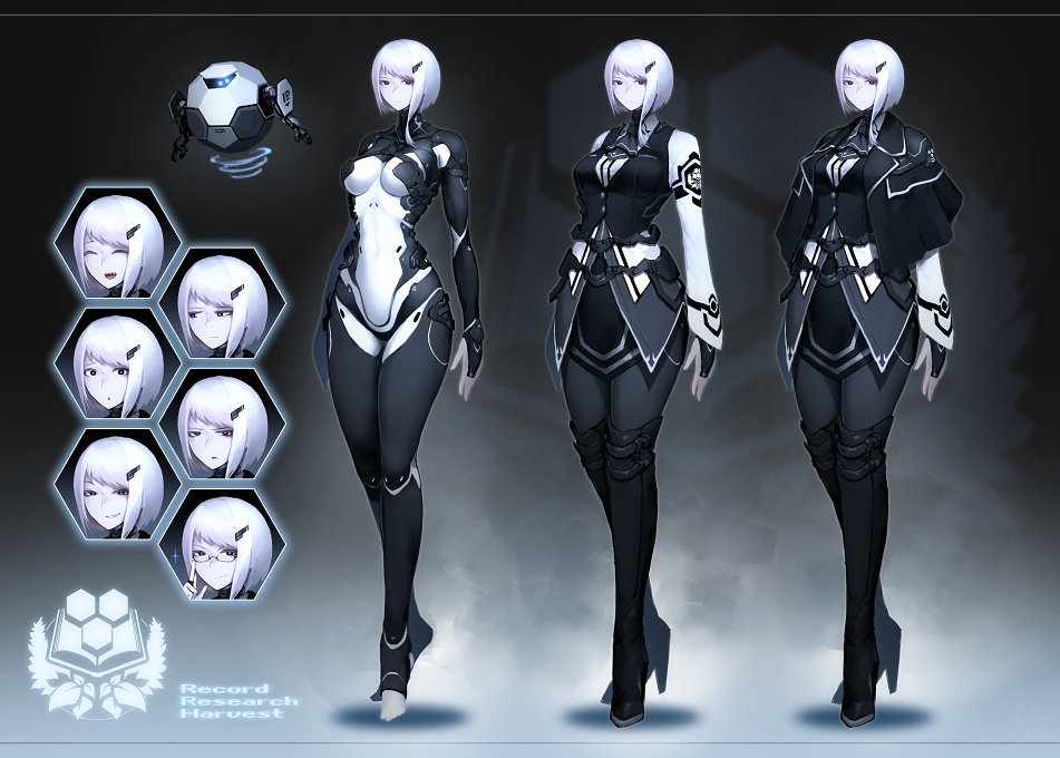 1girl black_capelet black_eyes black_vest bob_cut bodysuit boots breasts capelet reference_sheet commission dated_commentary english_text full_body hair_ornament hairclip hetza_(hellshock) high_heels medium_breasts multiple_views original pale_skin robot shirt short_hair thigh_boots vest white_hair white_shirt