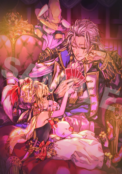 1990s_(style) 1boy 1girl blonde_hair dress earrings final_fantasy final_fantasy_vi hat jewelry kuroba_k long_hair moogle ponytail relm_arrowny retro_artstyle sample_watermark scar setzer_gabbiani short_hair watermark