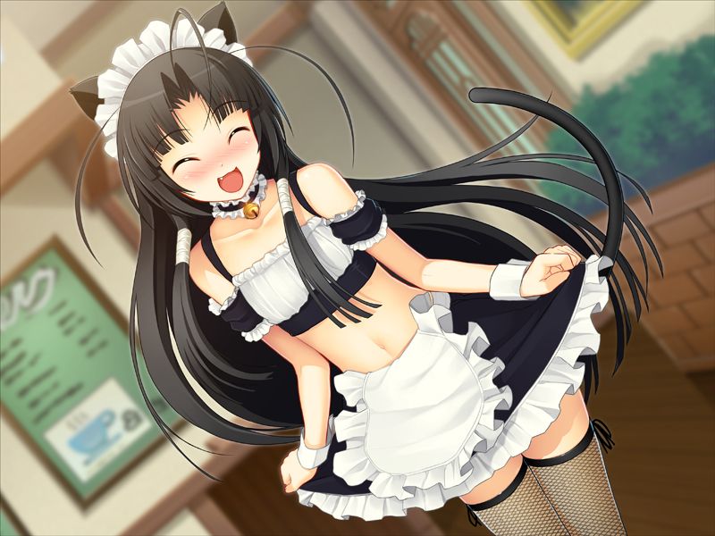 1girl animal_ears arm_garter bell black_hair blunt_bangs blush cat_ears cat_tail child choker closed_eyes embarrassed female_focus fishnet_thighhighs fishnets flat_chest game_cg long_hair maid maid_headdress midriff navel neck_bell oki_kiki open_mouth skirt smile solo standing sumaga tail thighhighs tsuji_santa wrist_cuffs zettai_ryouiki