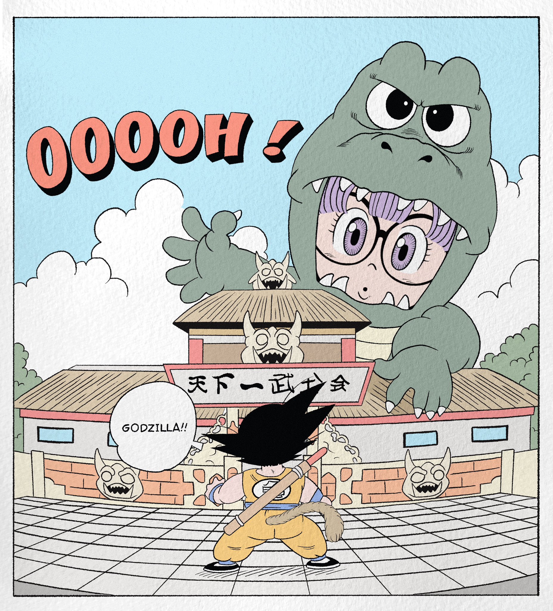1boy 1girl black_hair blue_sash character_name cloud cosplay dougi dr._slump dragon_ball dragon_ball_(classic) giant giant_monster giantess glasses godzilla godzilla_(cosplay) godzilla_(series) highres jewelry kaiju medium_hair monkey_tail monster norimaki_arale orange_pants orange_shirt pants purple_eyes purple_hair ring ruyi_jingu_bang sash shirt sky son_goku speech_bubble spiked_hair tail wesatinthecar