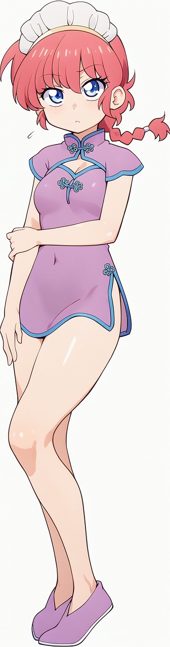 1girl blue_eyes braid braided_ponytail breasts china_dress chinese_clothes cleavage_cutout clothing_cutout commentary_request covered_navel dress flying_sweatdrops full_body hand_on_own_elbow highres legs looking_at_viewer maid_headdress odochi_(1or8) ranma-chan ranma_1/2 red_hair single_braid slippers solo white_background
