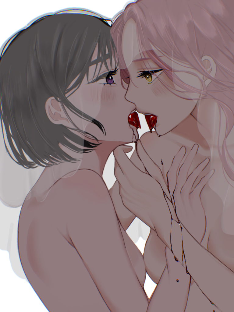 2girls alien_stage black_blood black_hair blood breasts commentary hand_on_another&#039;s_chin long_hair looking_at_another mizi_(alien_stage) mouth_hold multiple_girls nude pink_hair purple_eyes see-through_clothes see-through_veil shared_veil short_hair sua_(alien_stage) symbol-only_commentary user_gmtv2533 veil yellow_eyes yuri