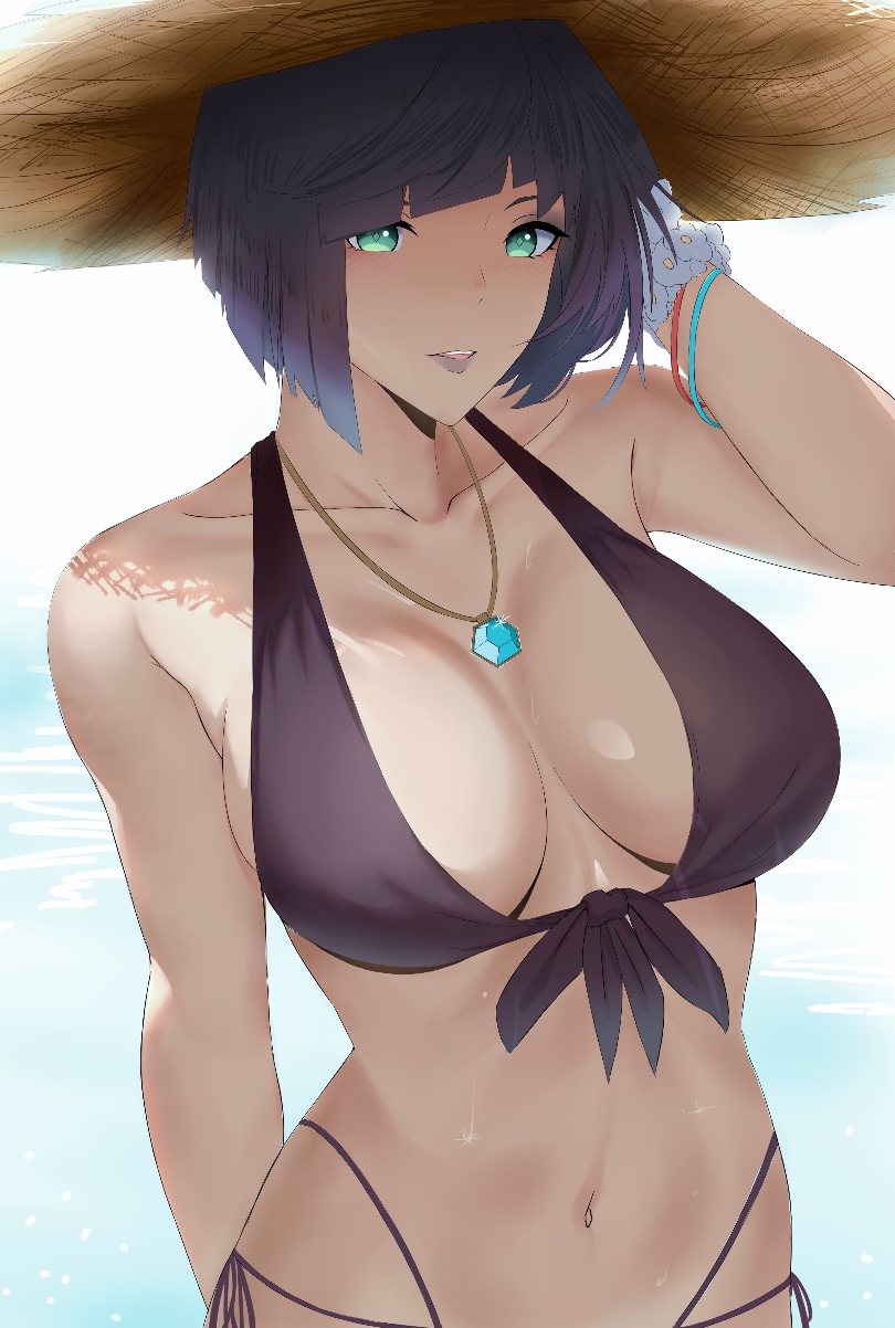 1girl arm_up bikini black_bikini blue_hair collarbone commentary genshin_impact green_eyes hat highres jewelry micchan_(micchanmeido) navel necklace parted_lips short_hair simple_background solo stomach straw_hat swimsuit upper_body white_background yelan_(genshin_impact)