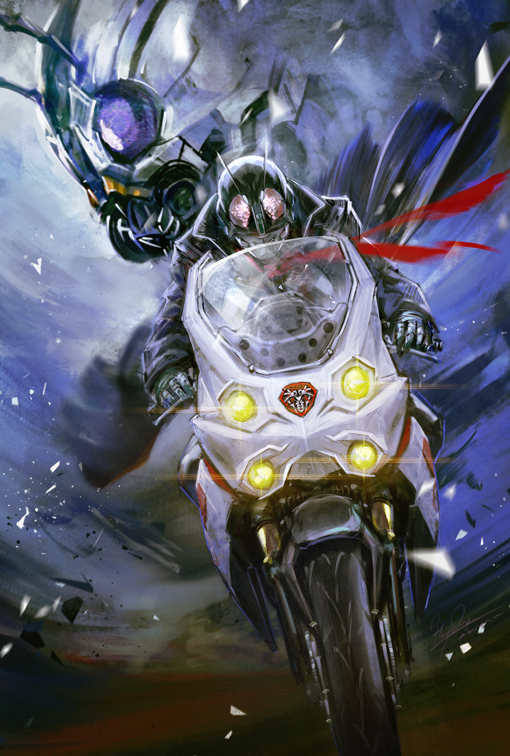 1boy antennae armor bug coat compound_eyes gloves glowing grasshopper green_armor green_helmet hayaken_sarena helmet highres insect kamen_rider kamen_rider_0 kamen_rider_1 kamen_rider_1_(shin) male_focus motor_vehicle motorcycle multiple_boys on_motorcycle purple_eyes red_eyes red_scarf riding scarf shin_kamen_rider tokusatsu typhoon_(kamen_rider) white_helmet
