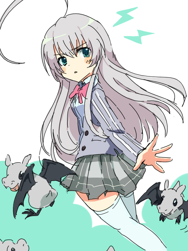 1girl bad_id bad_pixiv_id green_eyes gum_(vivid_garden) haiyore!_nyaruko-san long_hair looking_back nyarlathotep_(nyaruko-san) shantak_(nyaruko-san) silver_hair thighhighs