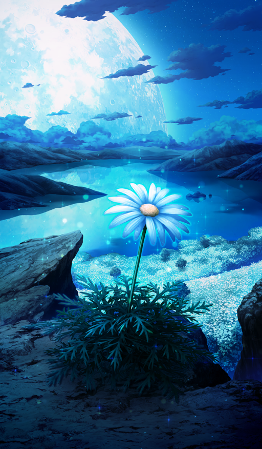 blue_sky blue_theme commentary daisy_(flower) fate/grand_order fate_(series) flower flower_focus flower_request full_moon grass huge_moon lake light_particles moon moonlight mountain nature night night_sky no_humans official_art scenery sky star_(sky) starry_sky still_life third-party_source tree water white_flower yume32ki