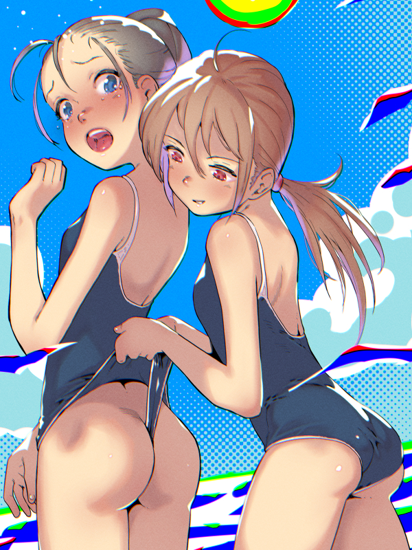 2girls ass blonde_hair blue_eyes blue_one-piece_swimsuit breasts butt_crack day giving_wedgie grey_hair low_ponytail multiple_girls one-piece_swimsuit open_mouth original outdoors ponytail prank red_eyes school_swimsuit small_breasts soon_(c-u-soon) swimsuit wedgie