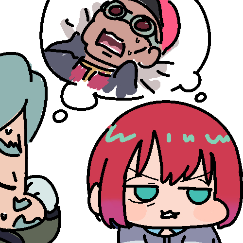 1girl 2boys amate_yuzuriha bask_om blue_eyes blue_hair challia_bull commentary goggles gundam gundam_gquuuuuux jazz_jack lowres manatsu_no_yo_no_inmu meme multiple_boys open_mouth red_hair short_hair simple_background speech_bubble thought_bubble white_background yajuu_no_houkou_(meme)