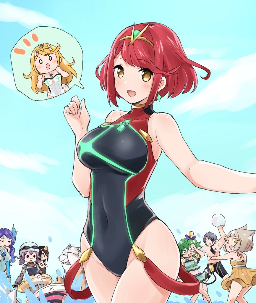 3boys 6+girls animal_ears bad_id bad_twitter_id bikini black_hair black_male_swimwear black_swim_trunks breasts brighid_(water_lily)_(xenoblade) brighid_(xenoblade) cat_ears chibi closed_eyes collarbone competition_swimsuit curly_hair dress dromarch_(xenoblade) dual_persona earrings eyepatch fingerless_gloves fire glasses gloves gold_trim hat headpiece innertube jewelry joints large_breasts long_hair looking_at_viewer madanai_(morisumeshi) male_swimwear military military_hat morag_ladair_(obligatory_leave)_(xenoblade) morag_ladair_(xenoblade) multiple_boys multiple_girls mythra_(radiant_beach)_(xenoblade) mythra_(xenoblade) navel necktie neon_trim nia_(fancy_sundress)_(xenoblade) nia_(xenoblade) nopon one-piece_swimsuit open_mouth pandoria_(beach_date)_(xenoblade) pandoria_(xenoblade) pointy_ears poppi_(xenoblade) poppi_alpha_(swim_lesson)_(xenoblade) poppi_alpha_(xenoblade) purple_hair pyra_(pro_swimmer)_(xenoblade) pyra_(xenoblade) red_eyes red_hair rex_(xenoblade) robot_joints short_hair shorts sidelocks silver_hair smile speech_bubble swept_bangs swim_ring swim_trunks swimsuit thought_bubble tiara tora_(best_girl_fan)_(xenoblade_2) tora_(xenoblade_2) xenoblade_chronicles_(series) xenoblade_chronicles_2 yellow_eyes zeke_von_genbu_(surfinator)_(xenoblade) zeke_von_genbu_(xenoblade)