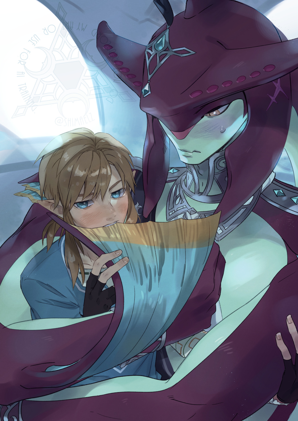 2boys biting black_gloves blonde_hair blue_eyes blue_gemstone blue_tunic blush closed_mouth colored_skin commentary_request embarrassed fingerless_gloves fins fish_boy gem gloves head_fins headpiece highres holding hug jewelry link long_pointy_ears looking_at_another looking_to_the_side male_focus multiple_boys necklace nintendo parted_bangs parted_hair plume pointy_ears red_skin scar scar_on_head shimaelz sideways_glance sidon size_difference teeth the_legend_of_zelda the_legend_of_zelda:_breath_of_the_wild tunic upper_body watermark yaoi zora