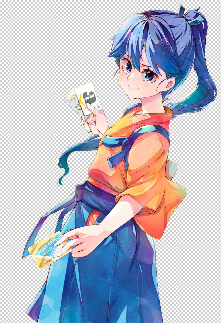1girl blue_eyes blue_hair blue_hakama checkered_background commentary_request cowboy_shot credit_card from_behind hakama hakama_skirt highres houshou_(kancolle) imu_sanjo japanese_clothes kantai_collection kimono looking_at_viewer looking_back orange_kimono ponytail skirt smile solo tasuki