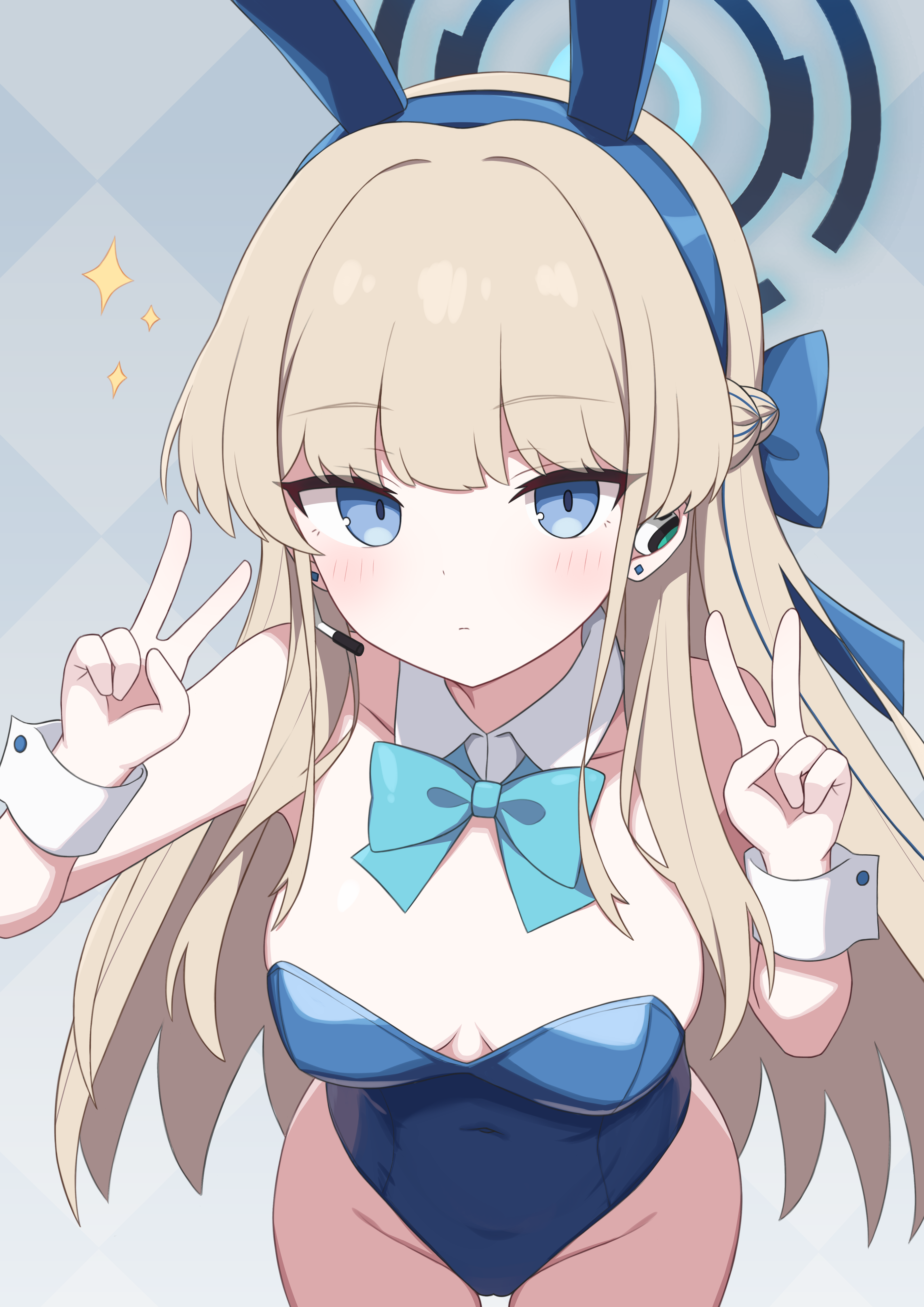 1girl absurdres animal_ears aqua_bow aqua_bowtie blonde_hair blue_archive blue_eyes blue_hairband blue_halo blue_leotard blue_ribbon bow bowtie cameltoe closed_mouth collar covered_navel detached_collar double_v earpiece expressionless fake_animal_ears hair_ribbon hairband halo highres leaning_forward leotard long_hair looking_at_viewer official_alternate_costume playboy_bunny rabbit_ears ribbon solo toki_(blue_archive) toki_(bunny)_(blue_archive) v very_long_hair white_collar white_wrist_cuffs wrist_cuffs zddma20