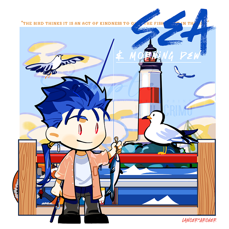 1boy animal bird black_pants blue_hair border chibi chibi_only cloud commentary crimo cu_chulainn_(fate) cu_chulainn_(fate/stay_night) earrings english_text fate/stay_night fate_(series) fish fishing_rod holding holding_animal holding_fish jacket jewelry lighthouse long_hair male_focus no_nose ocean pants pink_jacket ponytail railing red_eyes seagull shirt shoes solo white_border white_shirt