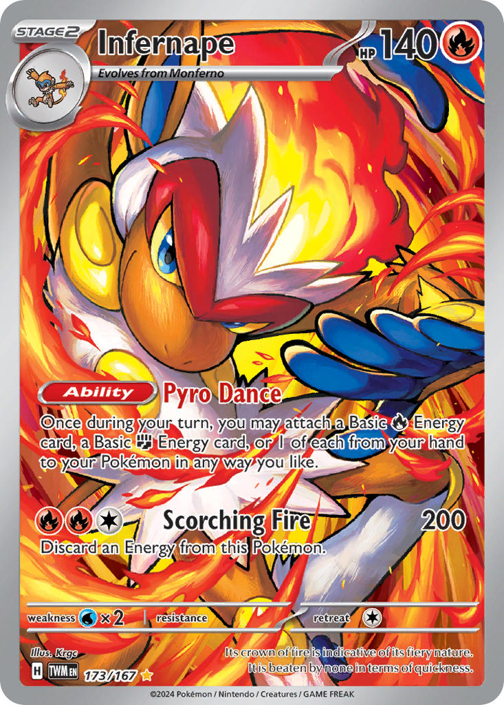 artist_name blue_eyes card_(medium) character_name closed_mouth colored_sclera company_name copyright_name copyright_notice english_text fire gen_4_pokemon infernape koroguchi monferno nintendo nostrils official_art pokemon pokemon_(creature) pokemon_card pokemon_focus pokemon_tcg smile solo third-party_source trading_card yellow_sclera