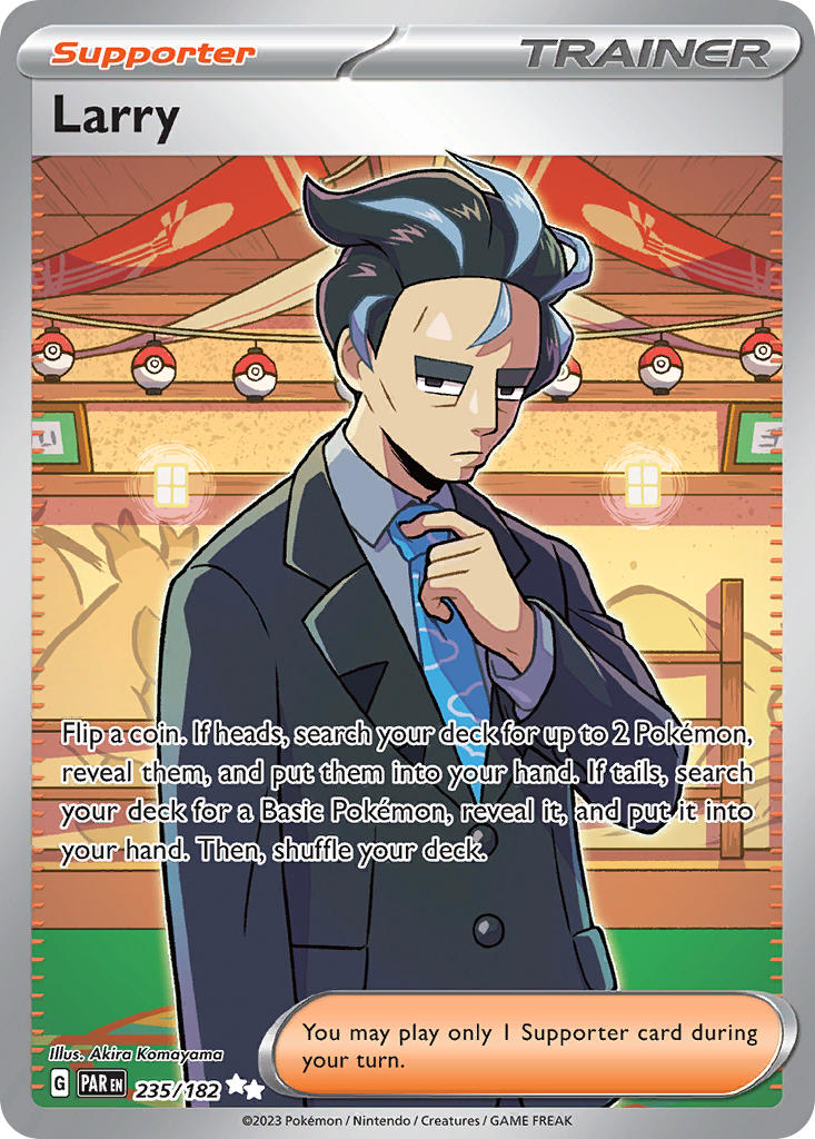 1boy artist_name black_hair black_jacket blue_necktie card_(medium) character_name closed_mouth cloud_print collared_shirt company_name copyright_name copyright_notice english_text formal_clothes grey_hair grey_shirt indoors jacket komayama_akira larry_(pokemon) long_sleeves male_focus multicolored_hair necktie nintendo official_art poke_ball_theme pokemon pokemon_card pokemon_sv pokemon_tcg print_necktie shirt short_hair solo suit thick_eyebrows third-party_source trading_card two-tone_hair