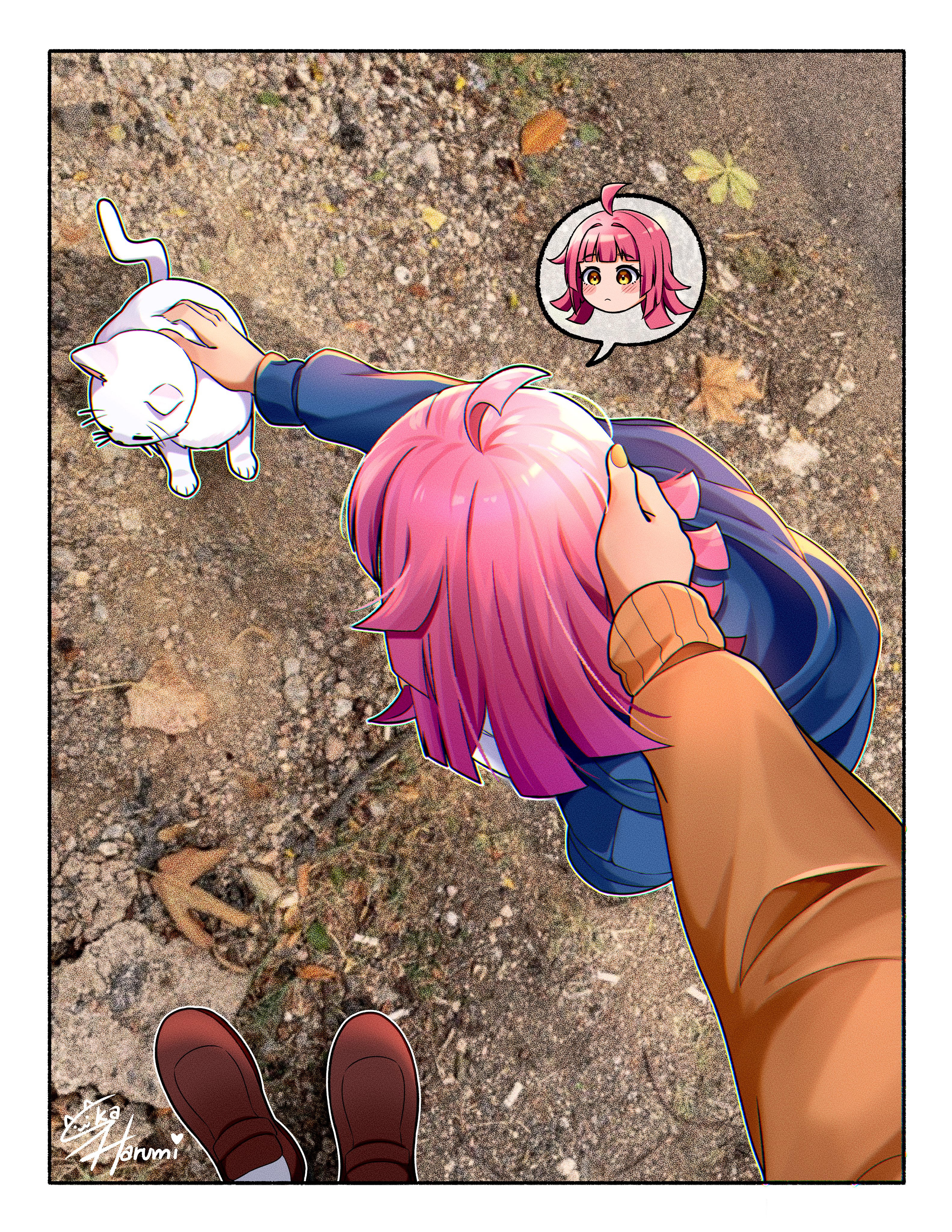 2girls absurdres ahoge blue_hoodie blush brown_cardigan brown_footwear cardigan cat from_above hanpen_(love_live!) headpat highres hood hoodie loafers long_sleeves love_live! love_live!_nijigasaki_high_school_idol_club medium_hair miyashita_ai multiple_girls petting pink_hair pov pov_hands shoes signature ska.harumi spoken_character tennoji_rina upper_body white_cat yellow_eyes