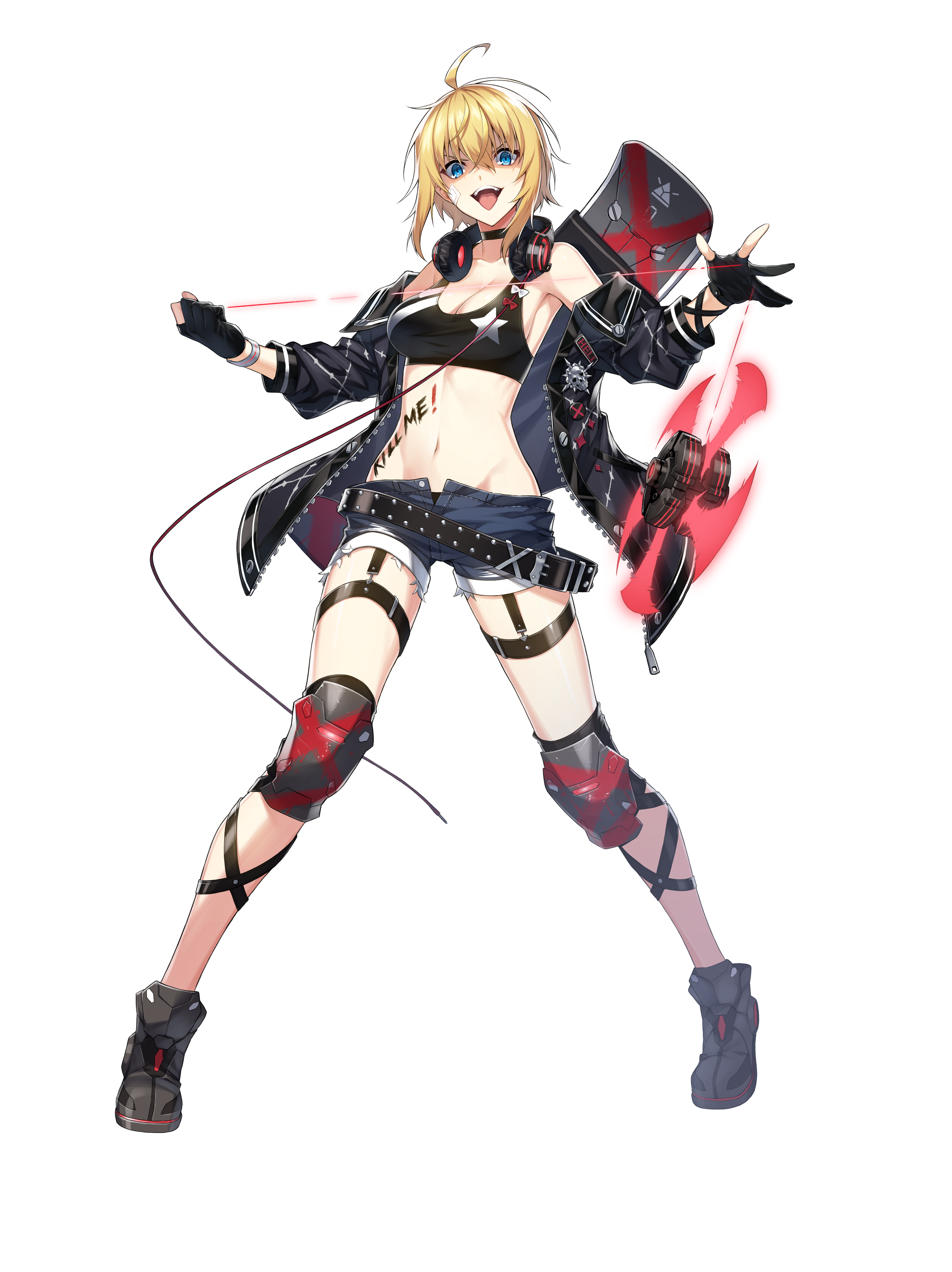 1girl absurdres ahoge alpha_transparency amy_strickland armpits artist_request bandaid bandaid_on_cheek bandaid_on_face bare_shoulders black_choker black_gloves black_jacket black_sports_bra blonde_hair blue_eyes body_writing breasts choker cleavage collarbone counter:side denim denim_shorts full_body gloves headphones headphones_around_neck highres jacket knee_pads legs_apart looking_at_viewer midriff navel off_shoulder official_art open_clothes open_fly open_jacket open_shorts partially_fingerless_gloves short_hair short_shorts shorts solo spoilers sports_bra tachi-e tongue tongue_out transparent_background yo-yo zipper zipper_pull_tab