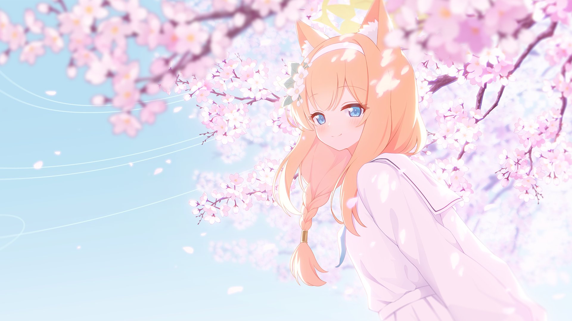 1girl alternate_costume animal_ear_fluff animal_ears arms_behind_back blue_archive blue_eyes blue_sky blush braid cat_ears cat_girl cherry_blossoms day falling_petals flower from_side hair_flower hair_ornament hairband halo highres long_hair long_sleeves looking_at_viewer looking_to_the_side mari_(blue_archive) orange_hair outdoors petals sailor_collar school_uniform serafuku shirt sky smile solo split_mouth tree turning_head upper_body white_flower white_hairband white_sailor_collar white_serafuku white_shirt yellow_halo yuma_(lyq_yume)