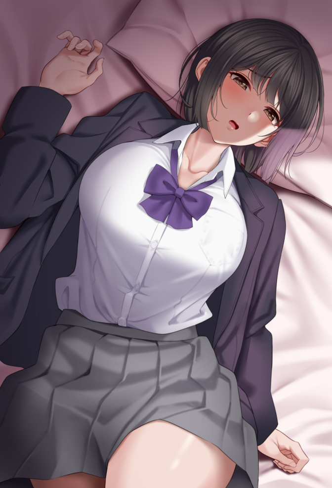 1girl black_hair black_jacket blazer bob_cut bow bowtie breasts buttons collared_shirt grey_eyes grey_skirt huyumitsu jacket long_sleeves lying on_back open_clothes open_jacket open_mouth original pillow pleated_skirt purple_bow purple_bowtie shirt short_hair skirt solo white_shirt