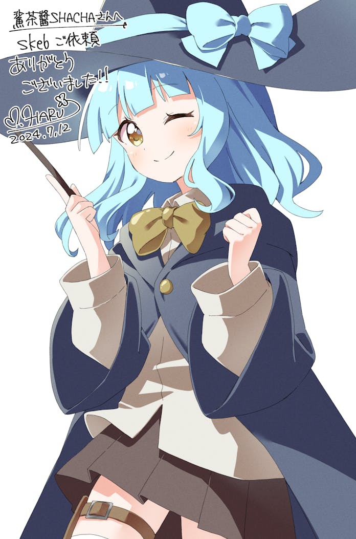 1girl ;) black_hat blue_bow blue_coat blush borrowed_character bow bowtie brown_skirt closed_mouth coat collared_shirt commentary_request commission cowboy_shot dated haru_(konomi_150) hat hat_bow holding holding_wand long_sleeves looking_at_viewer one_eye_closed original pleated_skirt shirt signature simple_background skeb_commission skirt smile solo wand white_background white_shirt witch_hat yellow_bow yellow_bowtie yellow_eyes