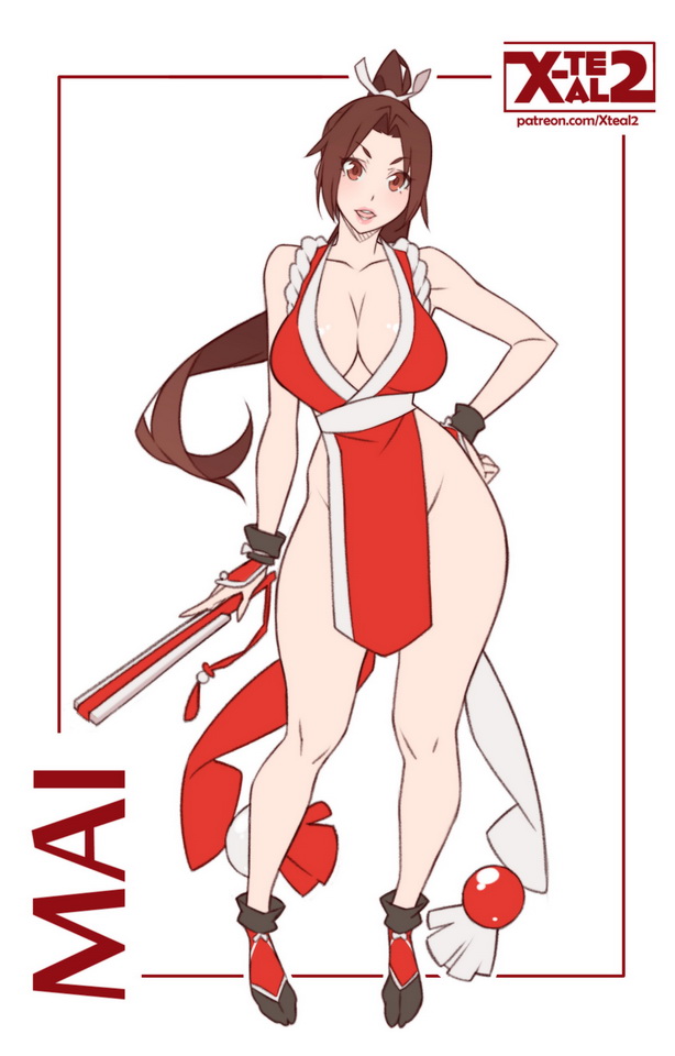 1girl bare_shoulders breasts brown_eyes brown_hair character_name cleavage folded_fan contrapposto hand_fan fatal_fury female_focus flat_color folding_fan full_body hand_on_own_hip japanese_clothes large_breasts long_hair looking_at_viewer matching_hair/eyes no_bra no_panties open_mouth pelvic_curtain ponytail revealing_clothes shiranui_mai solo standing the_king_of_fighters watermark web_address white_background wide_sleeves x-t3al