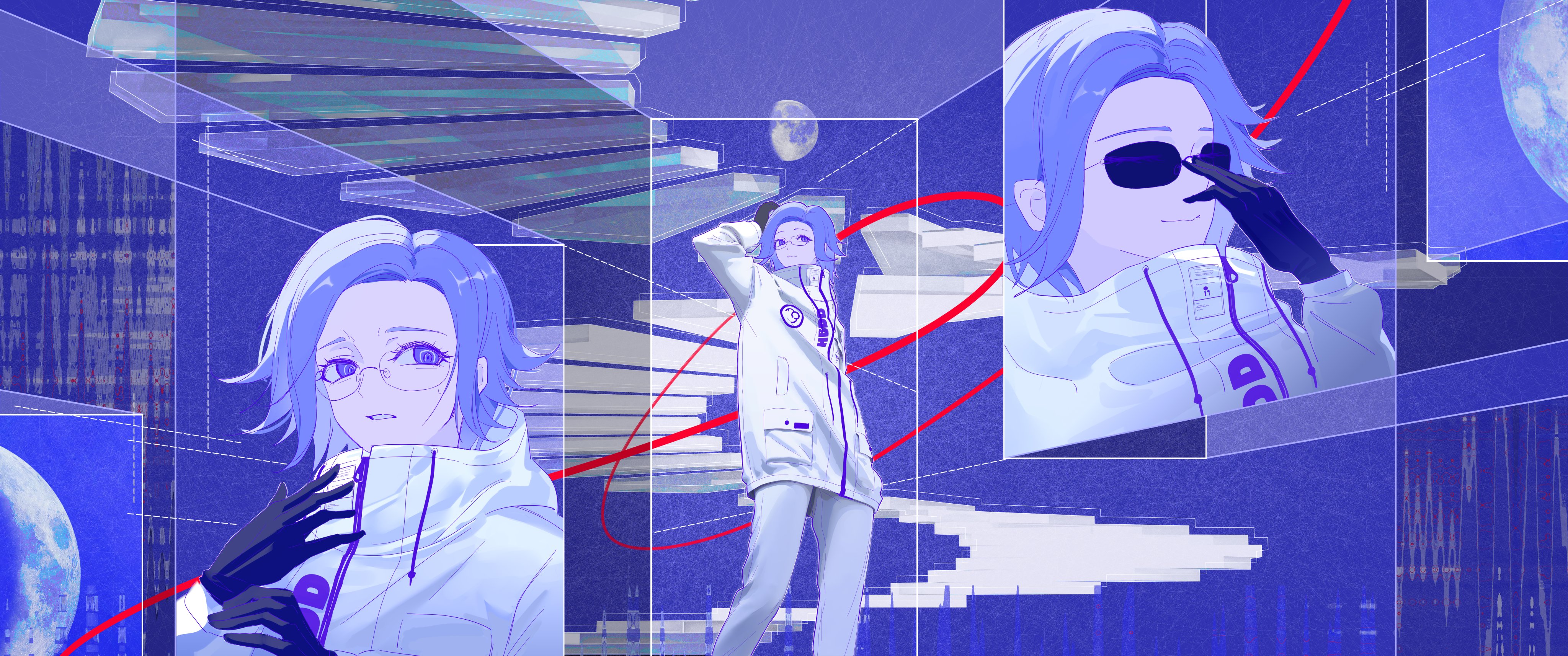 1boy absurdres aotsuki_eito black_gloves gibbous_moon glasses gloves grey_hair highres jacket looking_at_viewer male_focus moon multiple_views purple_eyes purple_theme rei_rigel short_hair spiral_staircase stairs string string_of_fate sunglasses the_hundred_line_-last_defense_academy- white_jacket