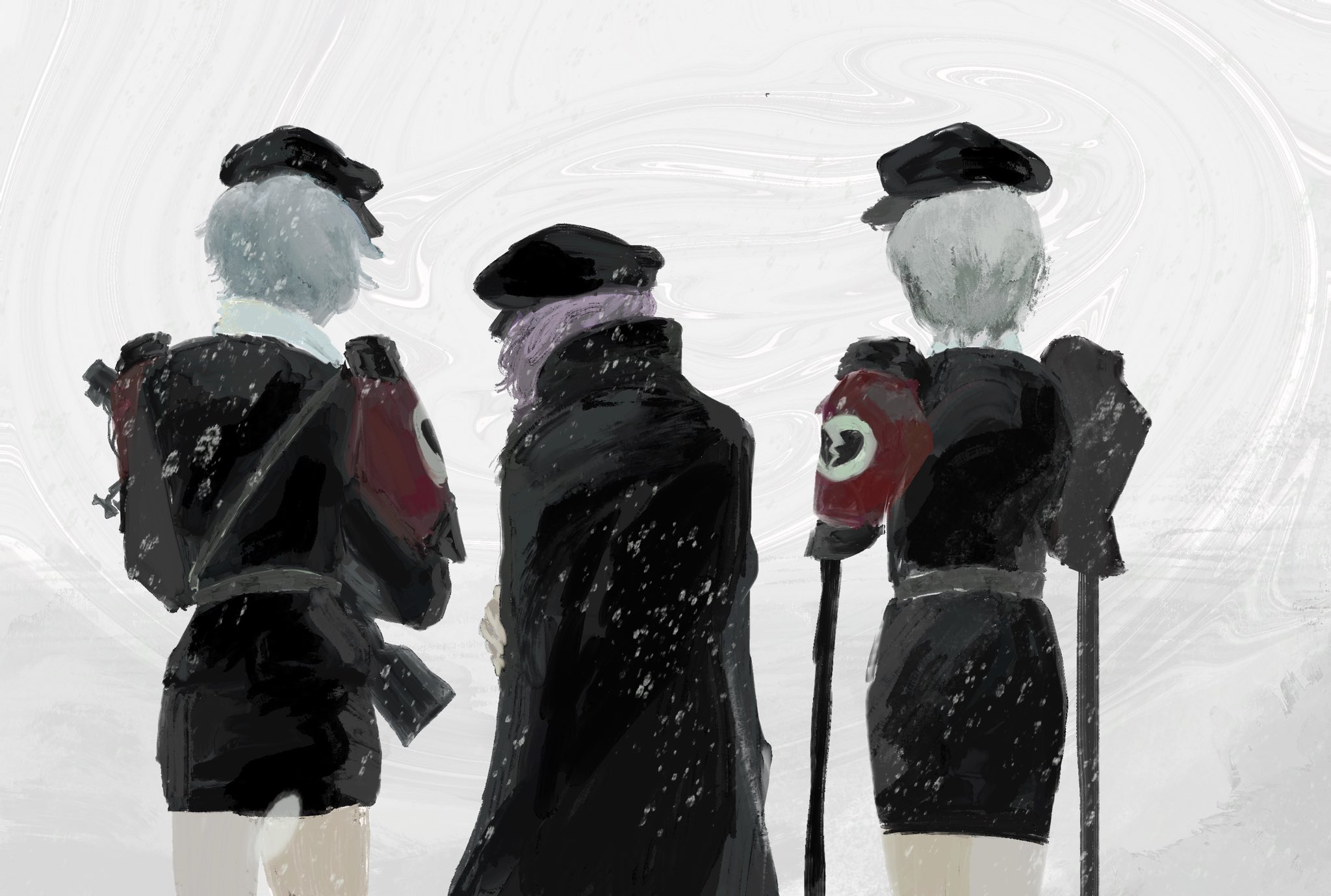 3girls biming black_coat black_hat black_shirt black_skirt broken_heart_print coat cookie_(touhou) cowboy_shot ein_(cookie) from_behind geru_futota grey_hair gun hat highres holding holding_gun holding_weapon izayoi_sakuya military_uniform multiple_girls purple_hair remilia_scarlet shirt short_hair skirt touhou weapon zwei_(cookie)
