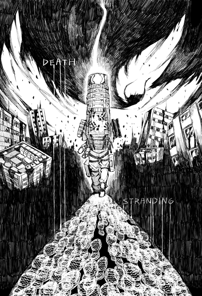 1boy backpack bag bodysuit building commentary_request copyright_name death_stranding footprints from_behind full_body greyscale hatching_(texture) male_focus monochrome nagy sam_porter_bridges solo