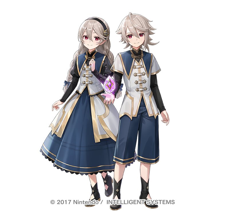 1boy 1girl black_hairband braided_twintails copyright_notice corrin_(female)_(fire_emblem) corrin_(female)_(young_kinship)_(fire_emblem) corrin_(fire_emblem) corrin_(male)_(fire_emblem) corrin_(male)_(young_kinship)_(fire_emblem) dragonstone dual_persona fire_emblem fire_emblem_fates fire_emblem_heroes full_body grey_hair hairband looking_at_viewer matching_outfits mirror_twins nima_(niru54) nintendo official_art pointy_ears red_eyes siblings simple_background smile tachi-e twins twintails white_background