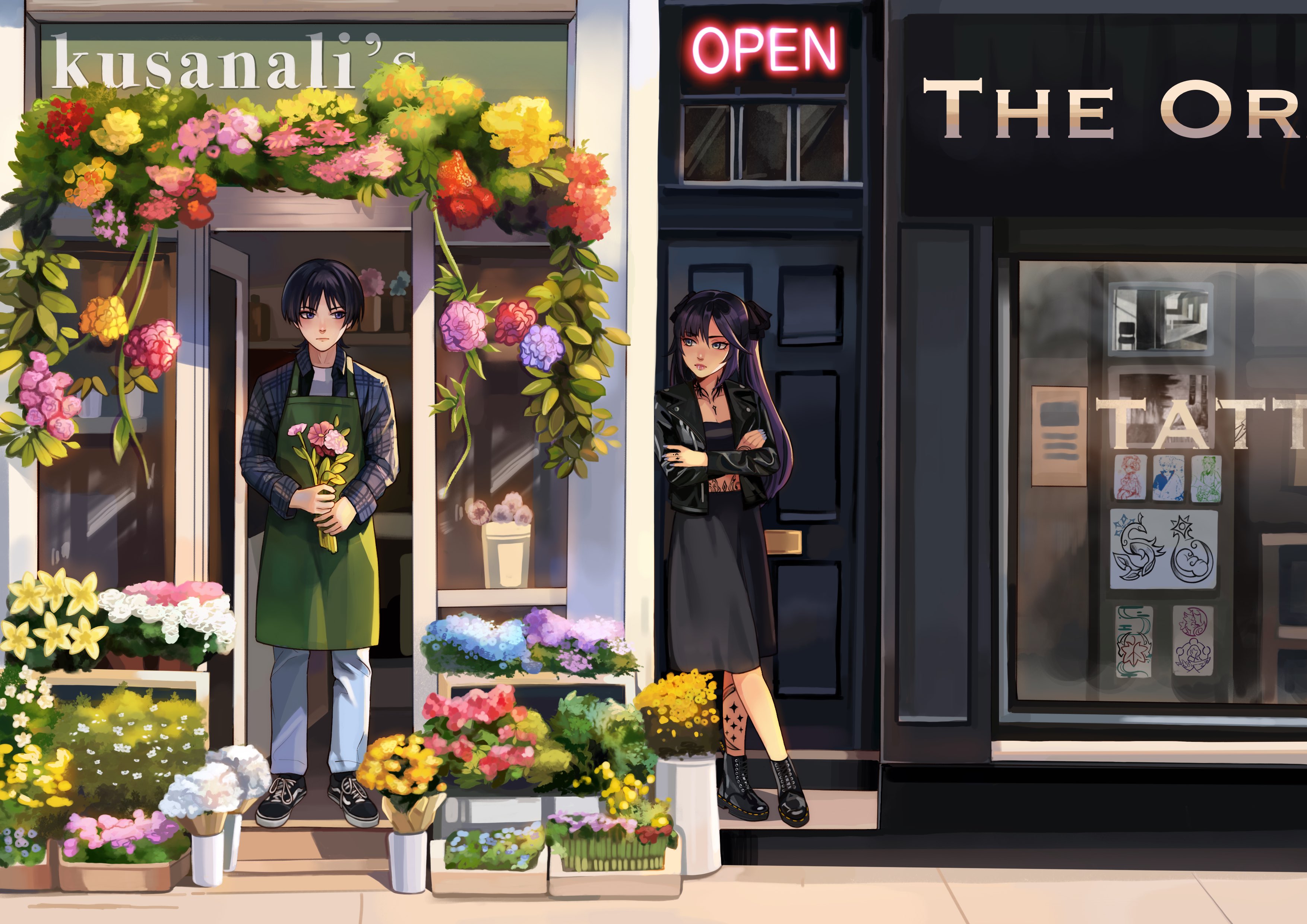 1boy 1girl absurdres against_wall alternate_costume alternate_universe angryoats apron black_bow black_eyes black_footwear black_hair black_jacket black_shirt black_skirt black_sleeves blue_flower blunt_bangs blunt_ends blush boots bouquet bow building bush character_name closed_mouth contemporary crescent_tattoo crop_top door expressionless flower flower_shop full_body genshin_impact green_apron grey_eyes grey_pants hair_between_eyes hair_bow hand_tattoo hanging_plant highres holding holding_bouquet hydrangea jacket lapels leaf leather leather_jacket leg_tattoo long_hair long_skirt long_sleeves looking_at_another midriff_peek mona_(genshin_impact) neck_tattoo open_clothes open_door open_jacket outdoors pants parted_bangs partially_unbuttoned pink_flower plaid_clothes plaid_shirt plaid_sleeves plant purple_flower purple_hair purple_nails red_flower red_lips scaramouche_(genshin_impact) shirt shoes shop sidewalk sideways_glance skirt sneakers stairs standing star_tattoo stomach_tattoo tattoo twintails vase vines white_flower white_undershirt window yellow_flower
