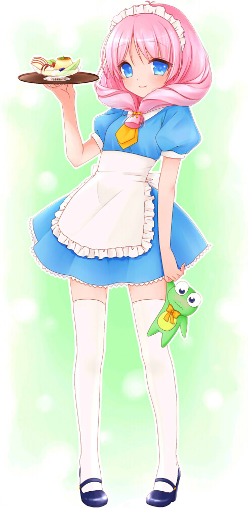 1girl apron blue_dress blue_eyes blue_skirt dress female_focus food frog front_ponytail full_body green_background ice_cream maid_headdress mary_janes pudding sakayan shirayuki_miho shoes skirt smile solo thighhighs tokimeki_memorial tokimeki_memorial_2 tray waitress white_thighhighs