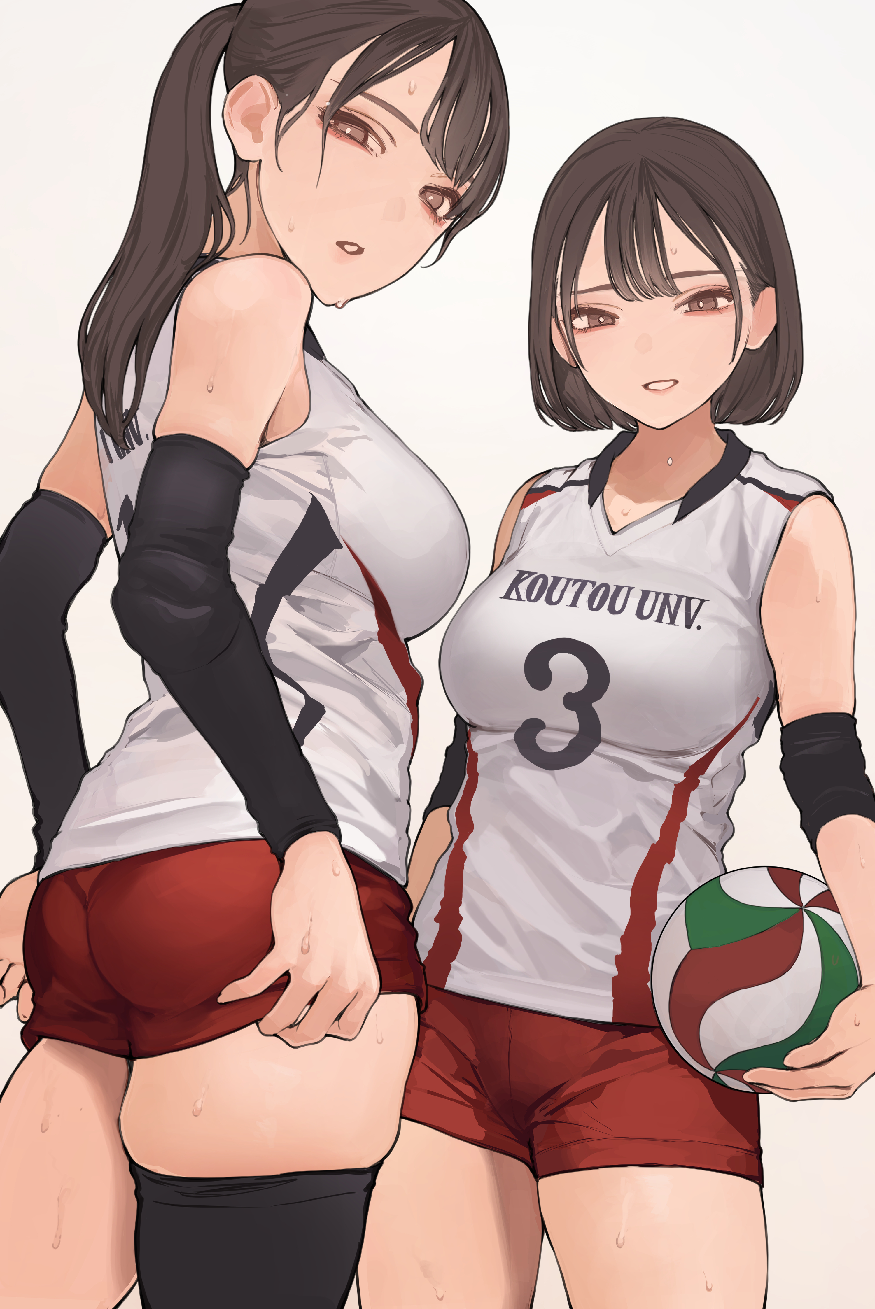 2girls absurdres ass ball breasts brown_eyes brown_hair gym_shorts highres holding holding_ball koh_(minagi_kou) large_breasts long_hair multiple_girls original ponytail red_shorts shirt short_hair shorts siblings sisters sleeveless sleeveless_shirt sportswear standing sweat textless_version translation_request volleyball volleyball_uniform white_shirt