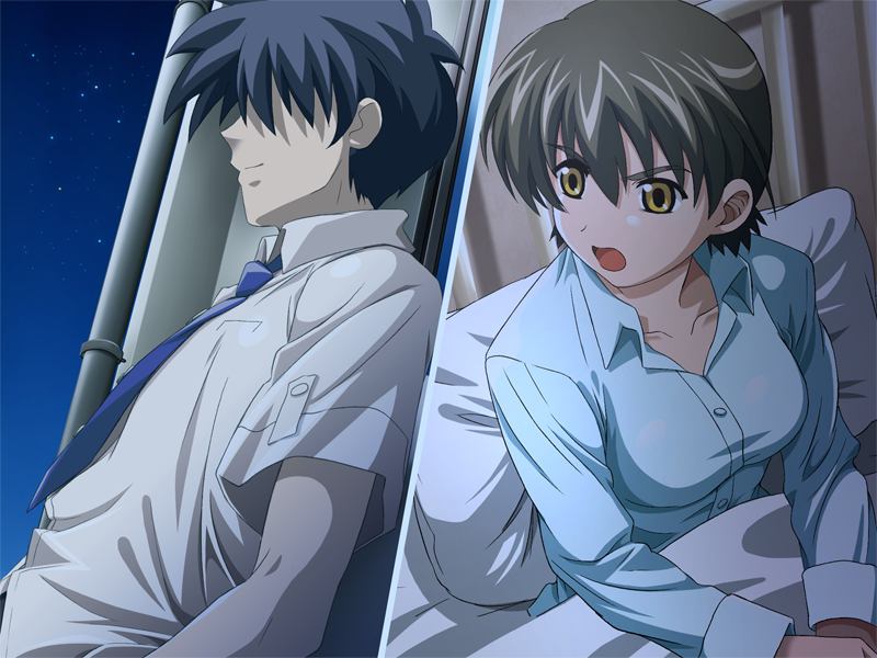1boy 1girl blush edelweiss game_cg hinata_mizuki katakura_shinji short_hair